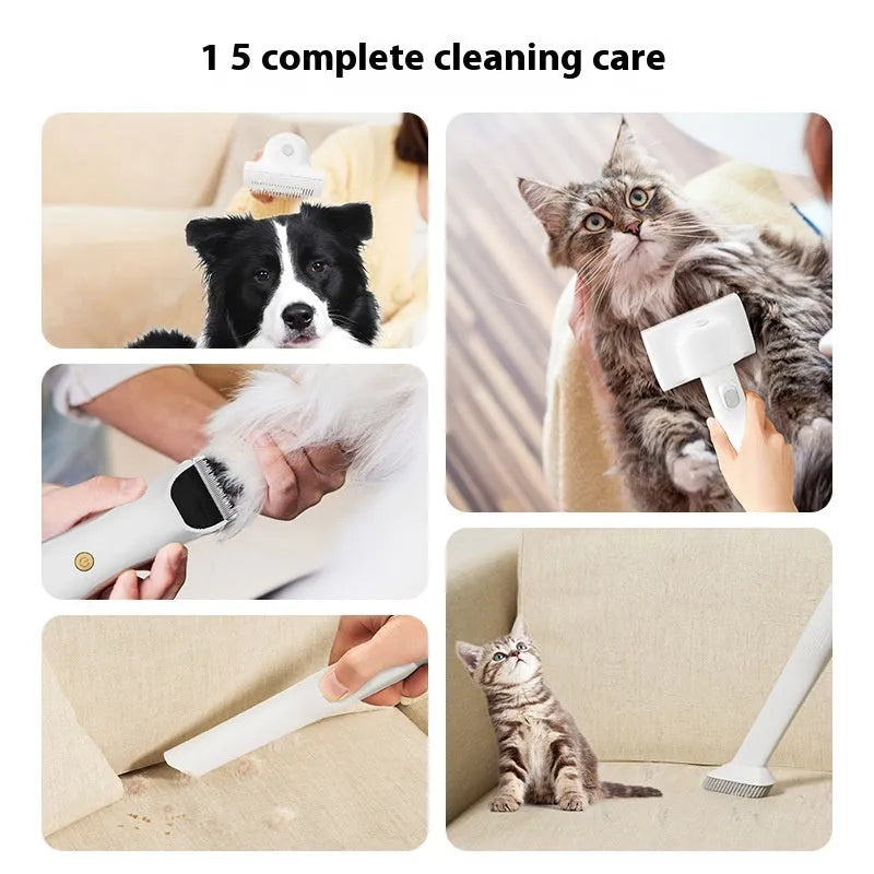 White pet grooming vacuum cleaner with electric shaver attachment and grooming tools