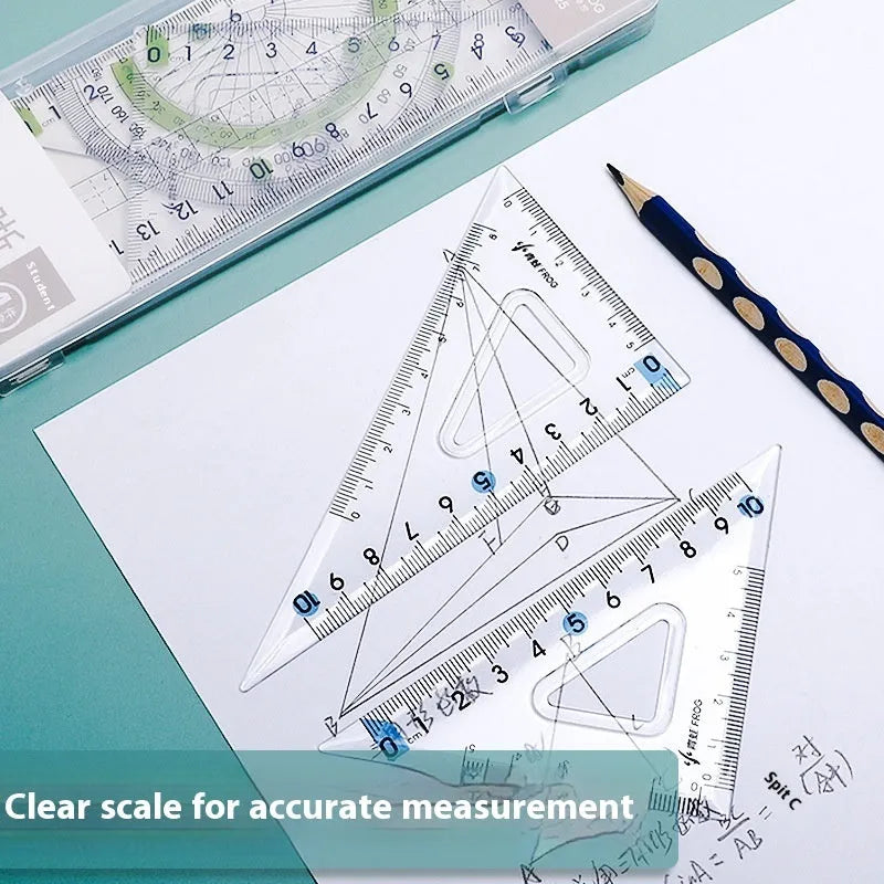 Transparent acrylic drawing ruler sets with square protractors in multiple colour options