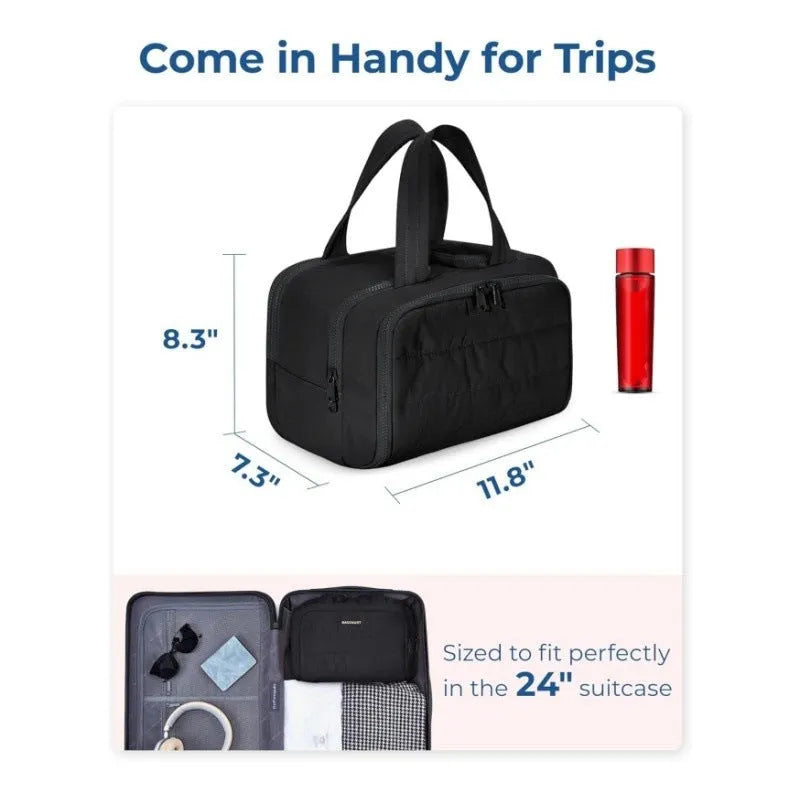 Large travel toiletry bag with wide open mouth in lightweight polyester fabric