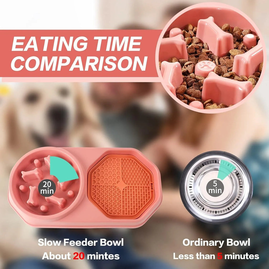 Blue interactive slow feeder dog bowl with maze design and non-slip pads for healthy eating