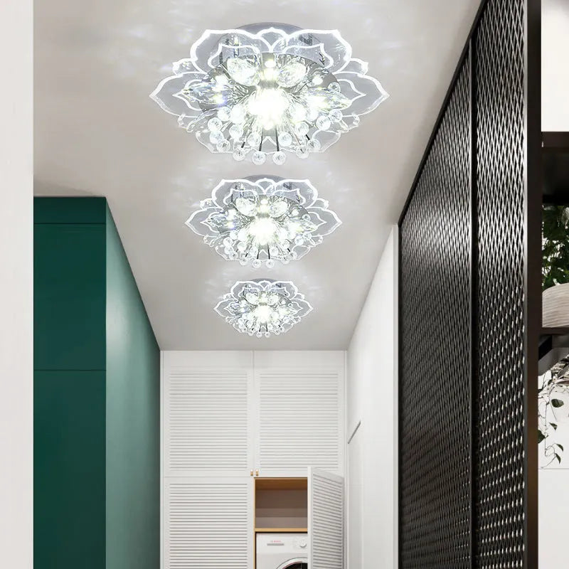 Modern crystal ceiling lamp with flower-shaped shade for living room or bedroom lighting