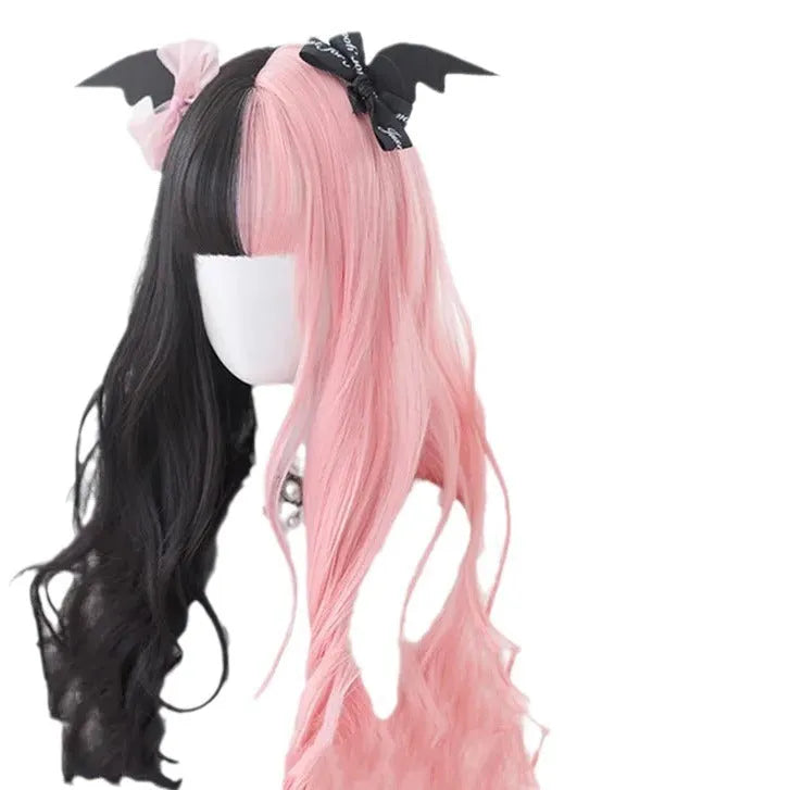 Harajuku Lolita Lo Niang long curly wig with bangs in Black Pink, high-temperature fiber cos wig for ladies