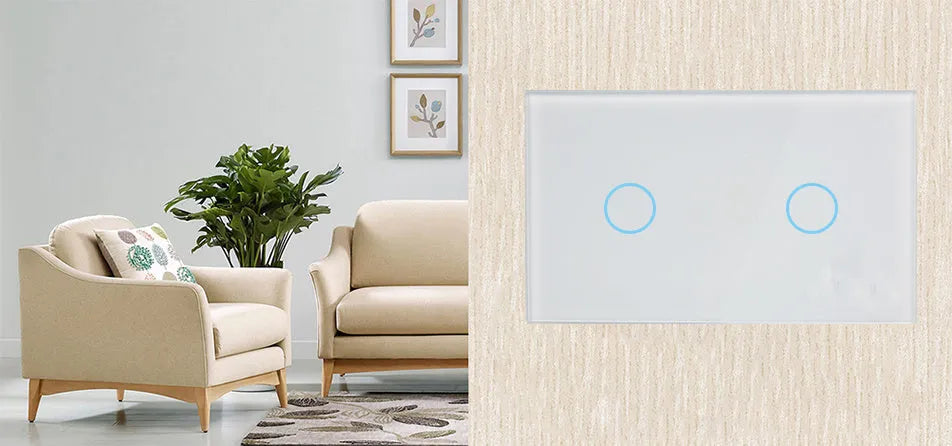 White 2-gang RF remote control wall switch with tempered glass touch panel and LED indicators