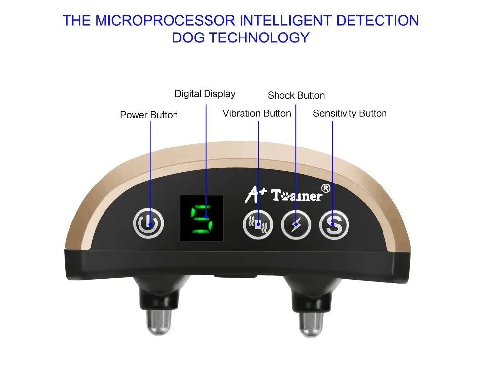 Black electronic anti-bark dog collar with digital display and adjustable strap on a grey background.