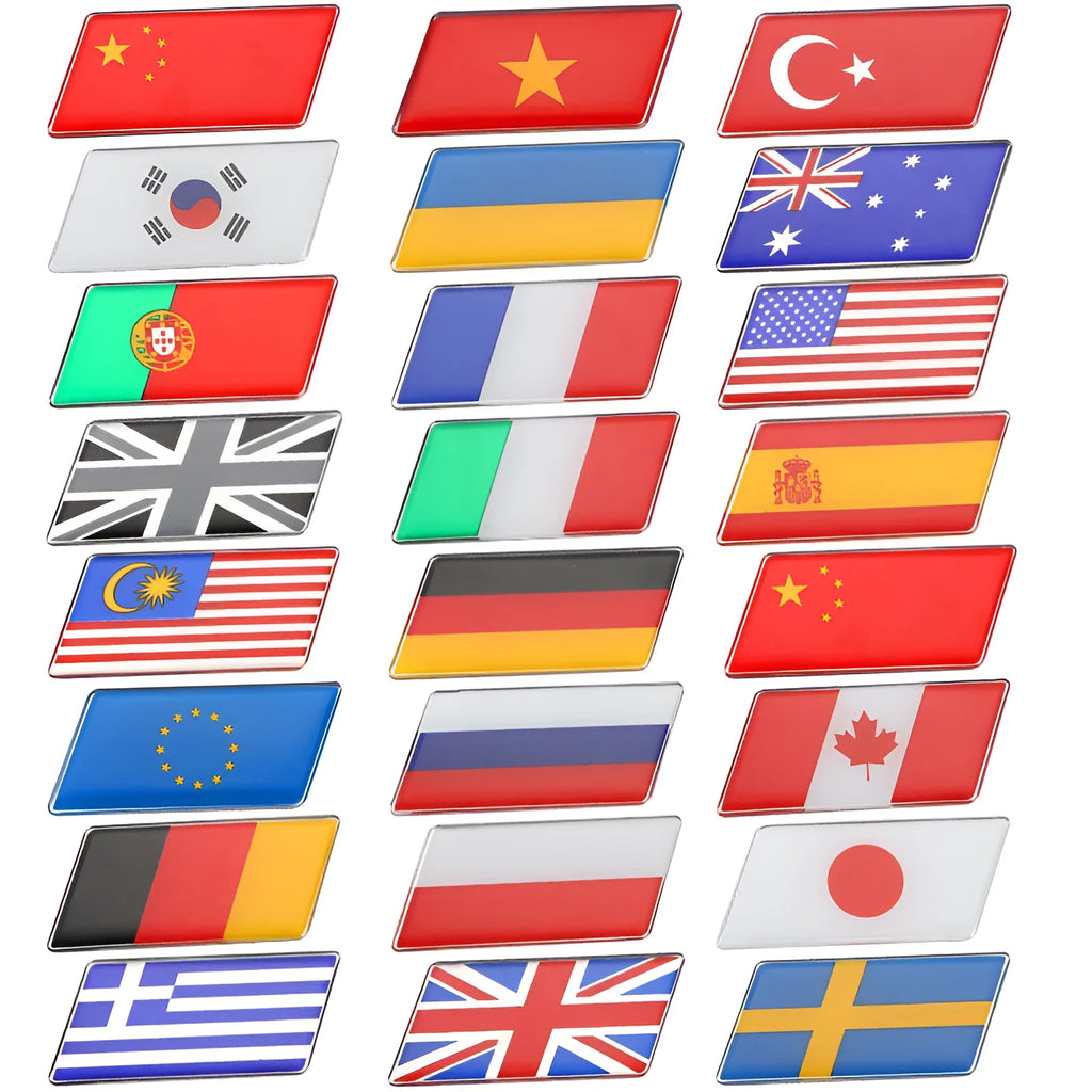 Aluminium national flag car sticker in parallelogram shape on a car surface.