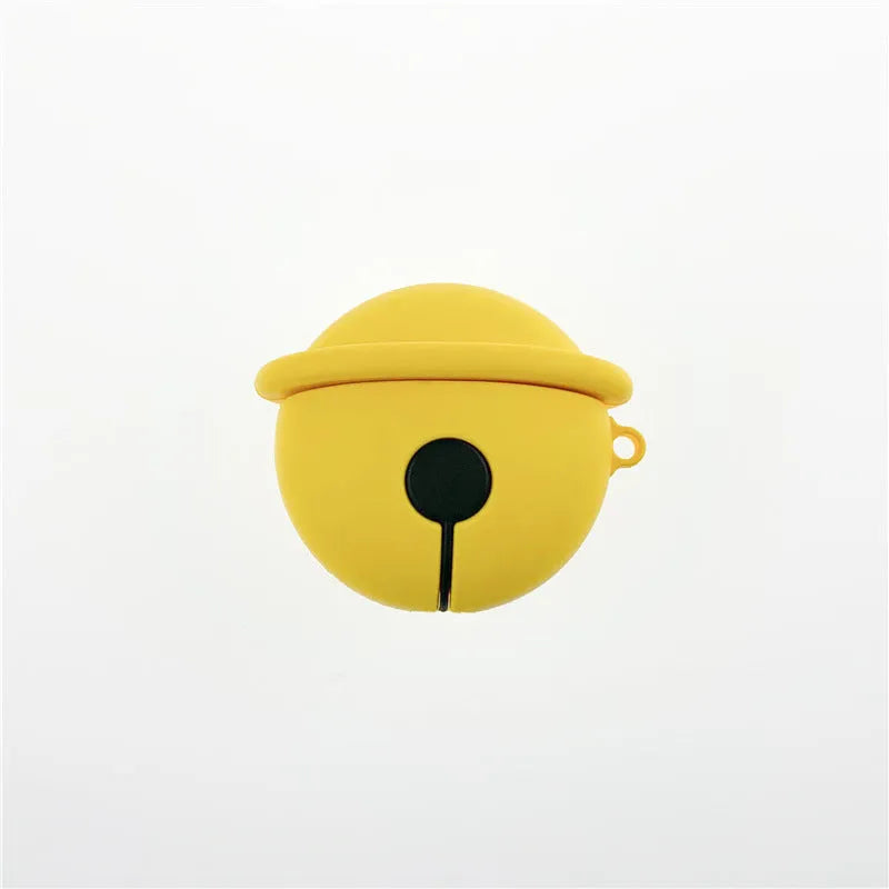 Yellow silicone AirPods case with attached bell charm showing charging port and LED cutouts