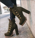 Women's suede high heel boots with 8cm block heel in army green colour with rivet buckle details