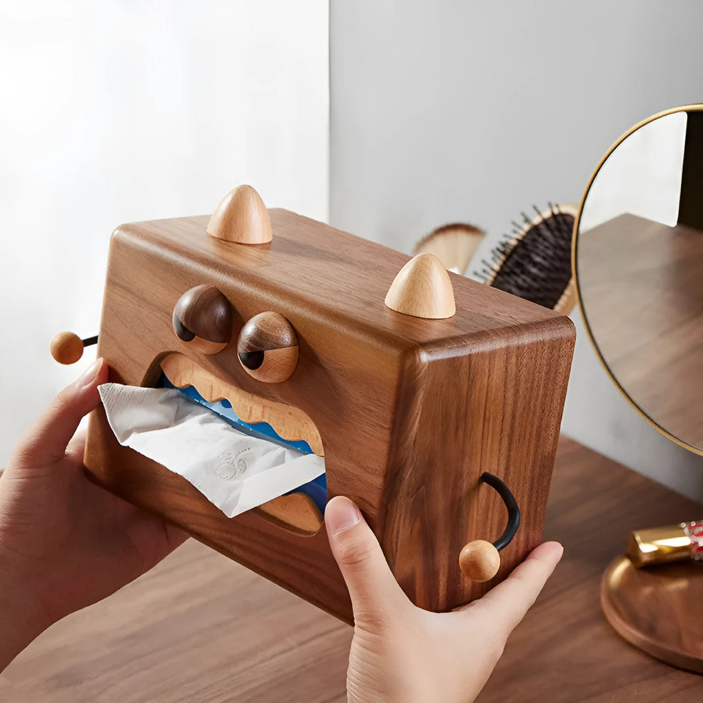 Wooden tissue box with cartoon monster design in walnut finish on beech wood