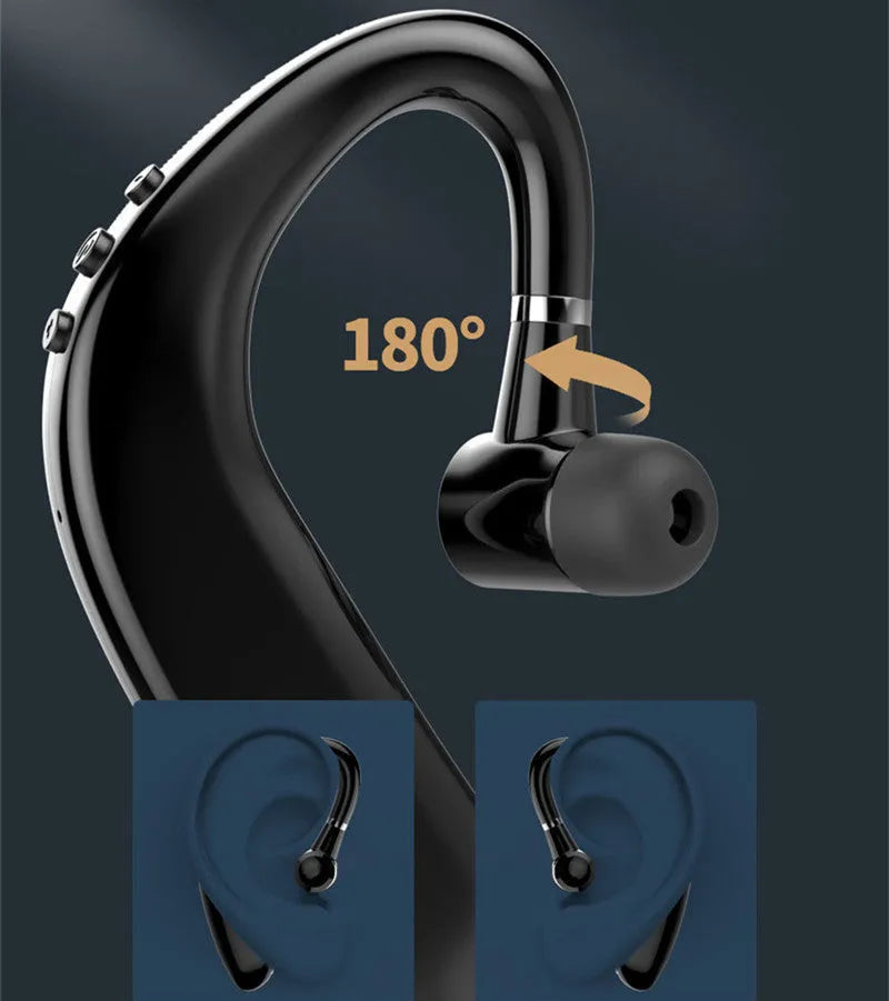 A single black wireless Bluetooth headset with an in-ear design, shown rotated for right or left ear wear.