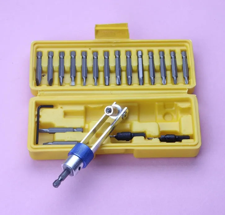 Half Time Drill Driver tool with swivel head and set of Phillips, flathead, and countersink bits.