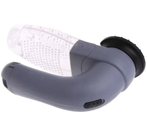 Grey portable electric pet hair vacuum cleaner with grooming brush.