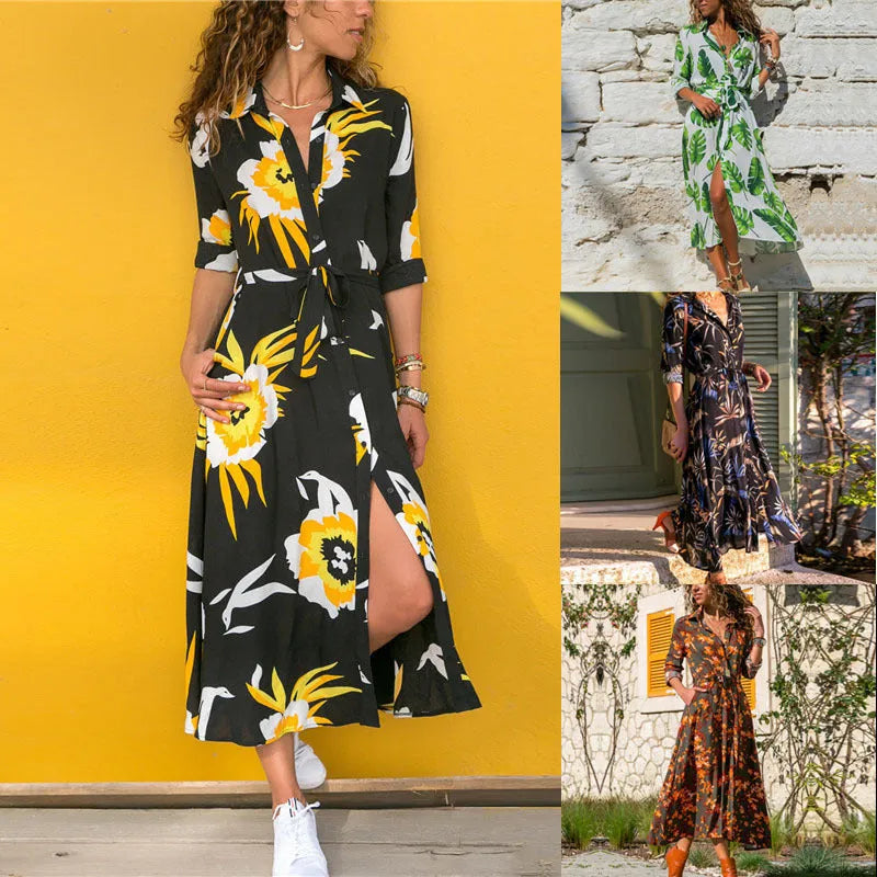 Women's black printed chiffon V-neck dress with an A-line skirt and conventional sleeves.