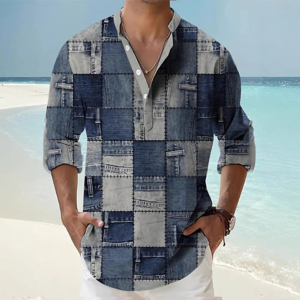 Thin striped Hawaiian shirt with digital bamboo linen pattern on polyester fabric