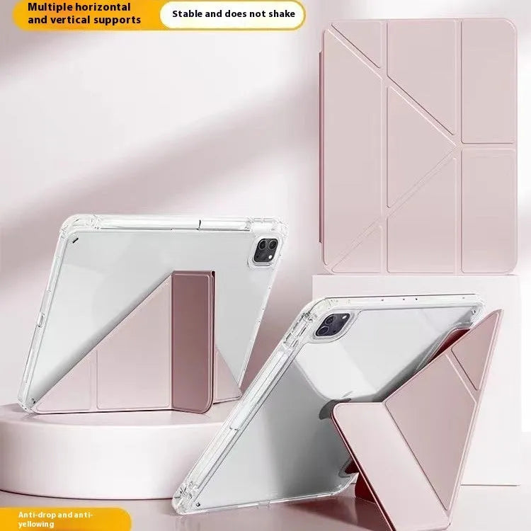 Transparent acrylic iPad protective cover with a folded-out stand in Light Purple colour.