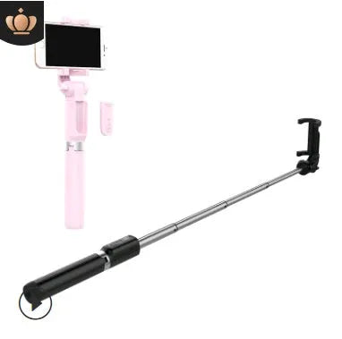 Black Bluetooth selfie stick with extended phone clamp and folded tripod legs