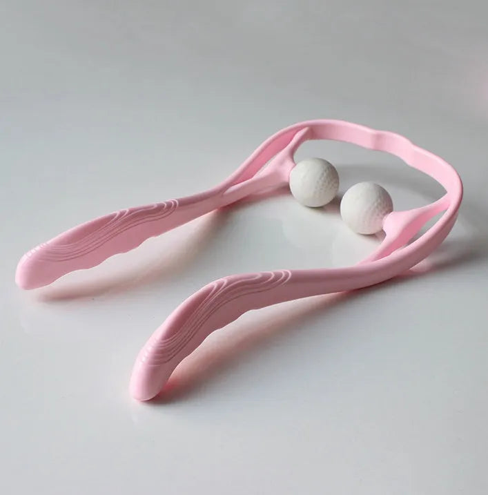 Blue plastic hand roller neck massager with adjustable stand on a white background.
