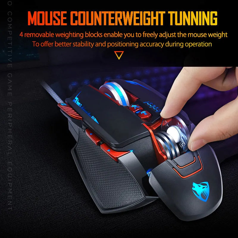 Thunder Wolf V9 black and grey wired gaming mouse with six side buttons on desktop.