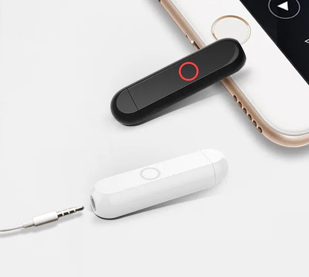 A1 Bluetooth audio receiver with 3.5mm plug in black, blue, orange, or white colours showing compact design