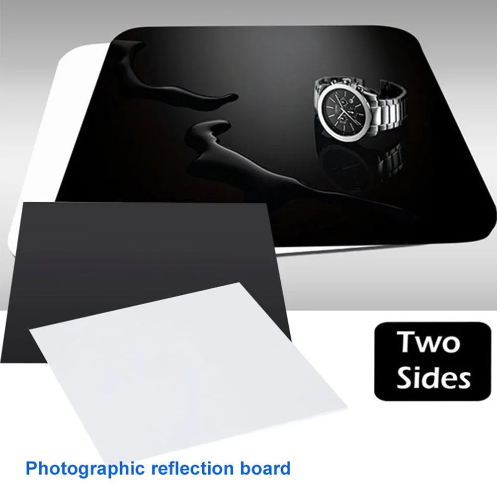 Black and white acrylic reflection boards in 20cm, 30cm, and 40cm square sizes for photography.