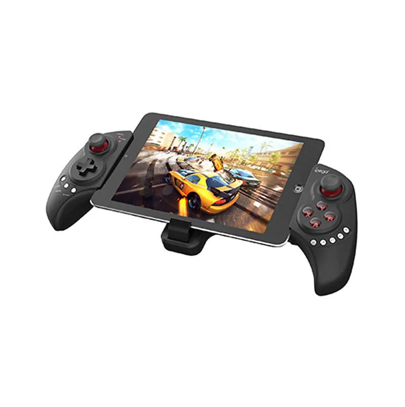 PG-9023 black telescopic wireless game controller extended with a mobile phone attached in the centre