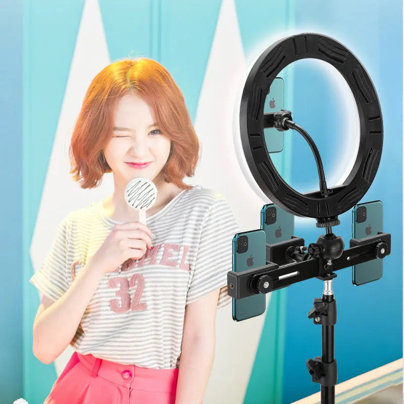 Smartphone ring selfie light with 10-inch fill light on adjustable 19cm metal bracket