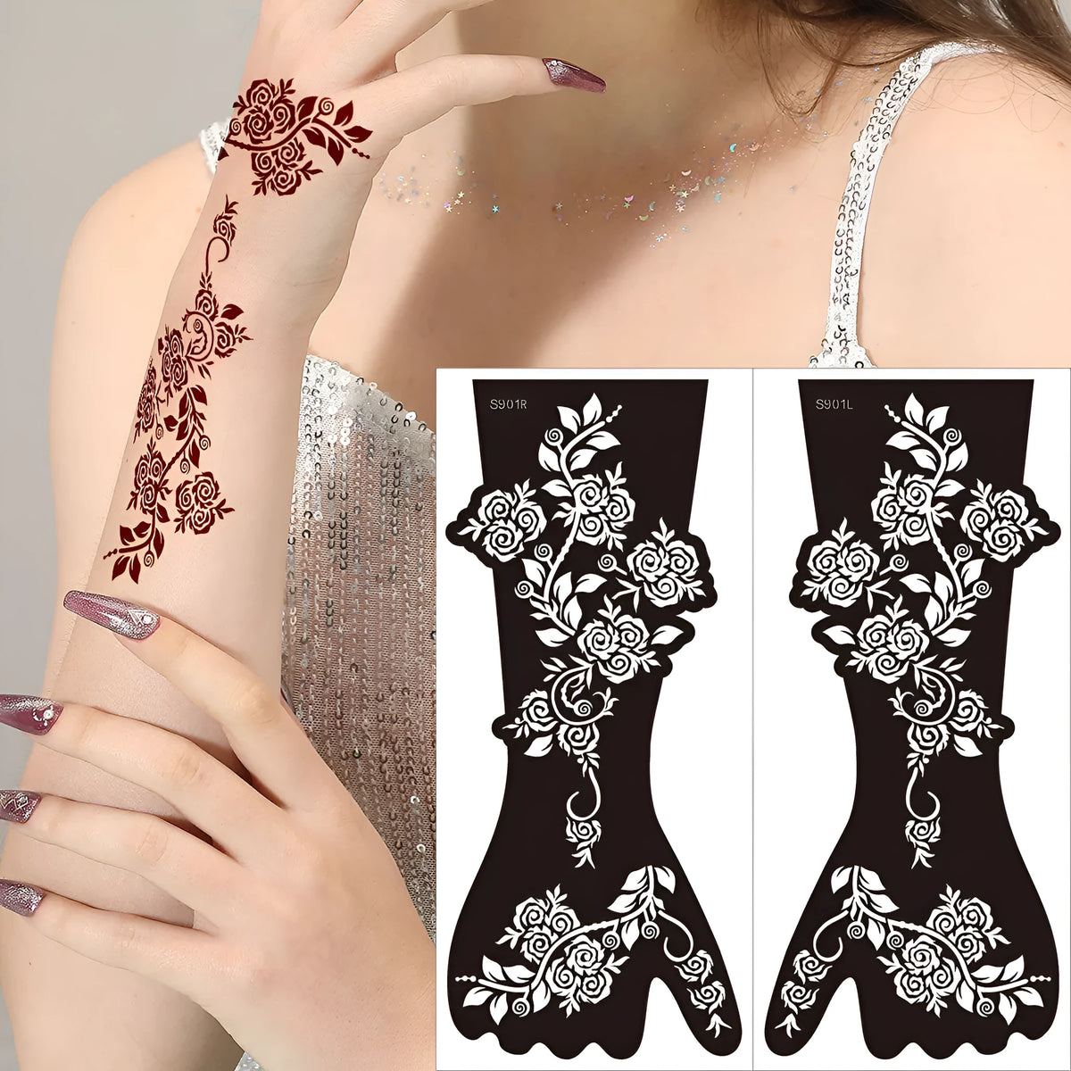 Geometric hollow tattoo sticker templates with intricate paper carving designs on adhesive sheets