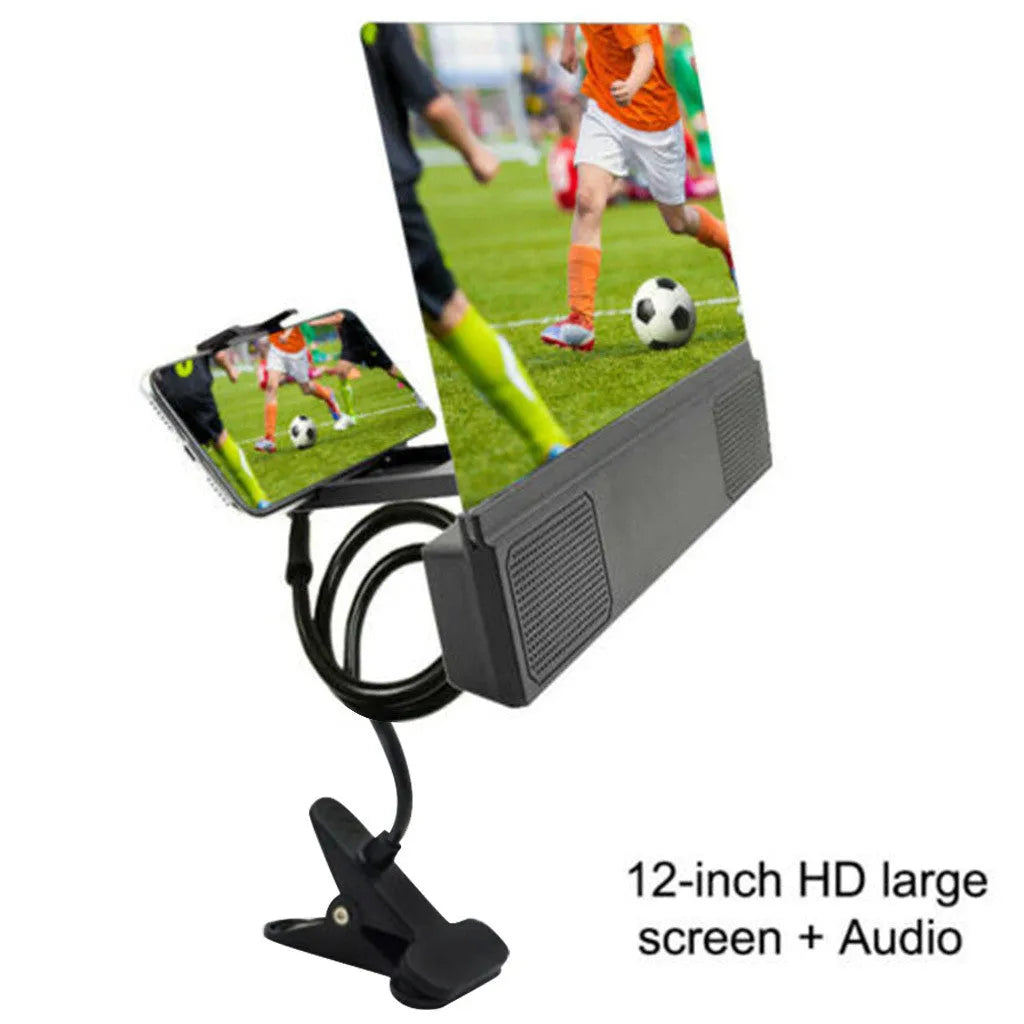 12-inch mobile phone screen amplifier with flexible gooseneck on a table next to a smartphone