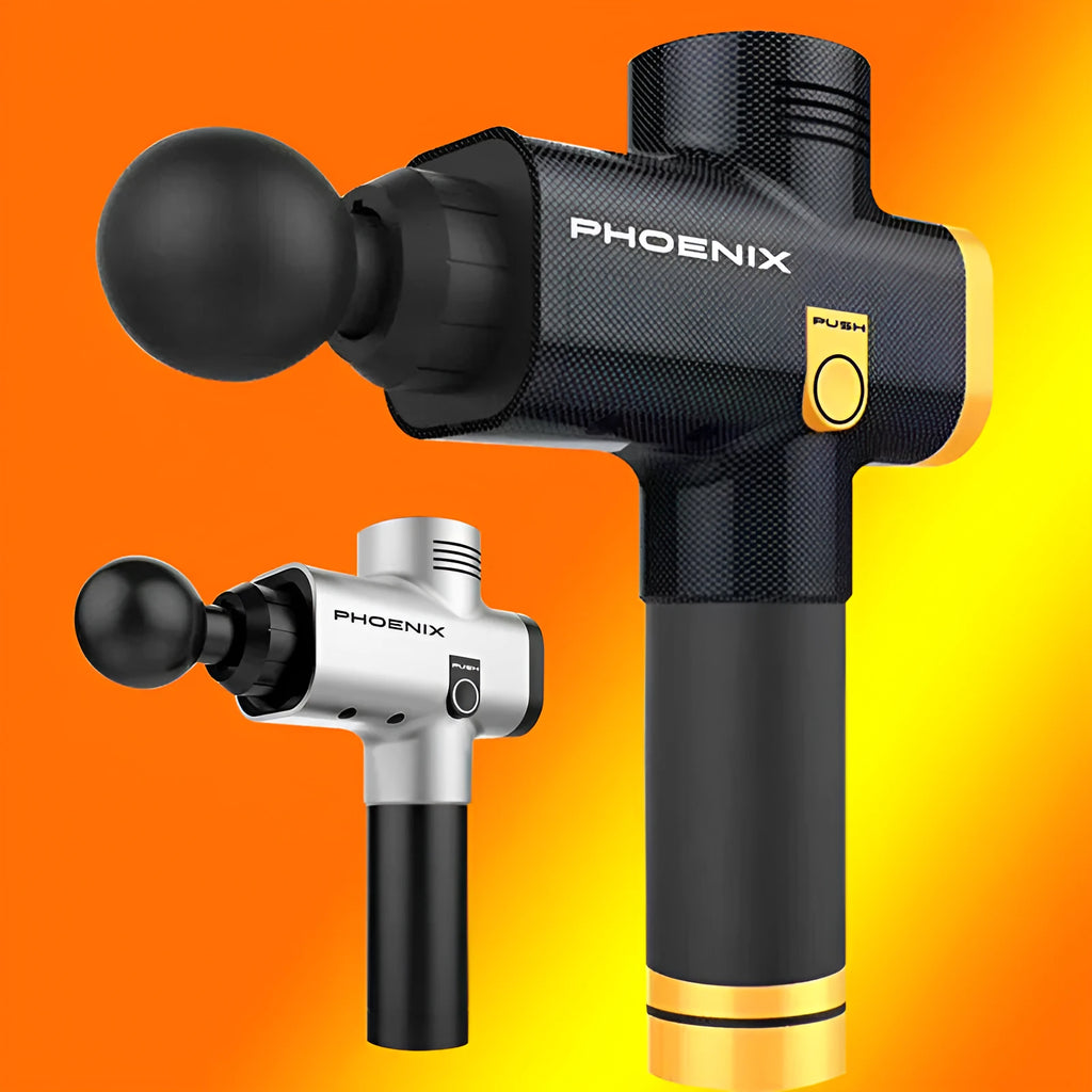 Black deep tissue fascia massage gun with four removable heads on a grey background