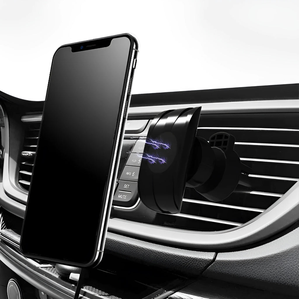 Black car phone holder clipped to car air vent with adjustable arms gripping a smartphone