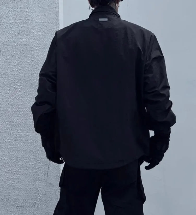 Black double zipper stand collar shell jacket in 100% polyester, men's outerwear, sizes M L XL