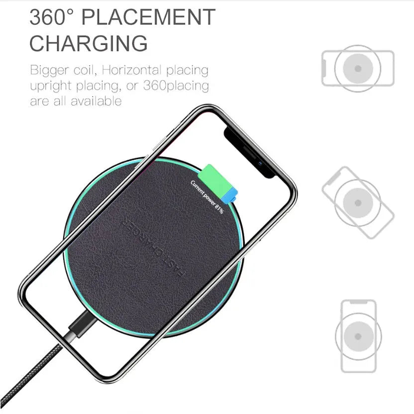 Black Qi wireless charging pad for iPhone 11 with non-slip surface and LED indicator