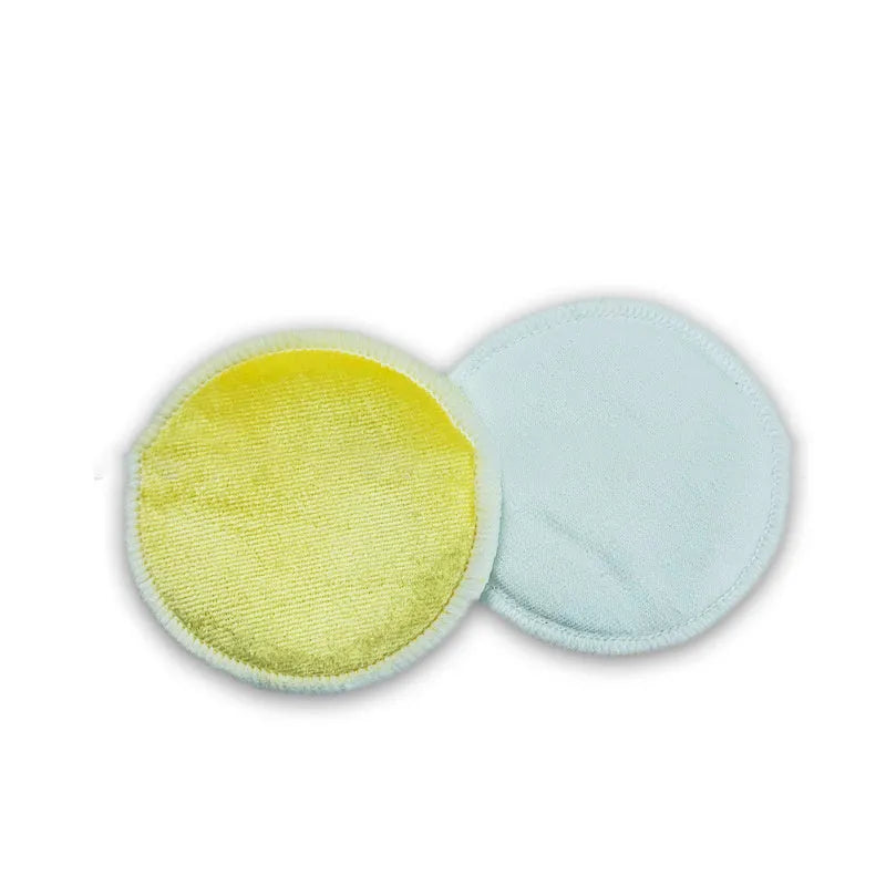 Set of red and blue velvet makeup remover pads next to an organic cotton mesh bag.