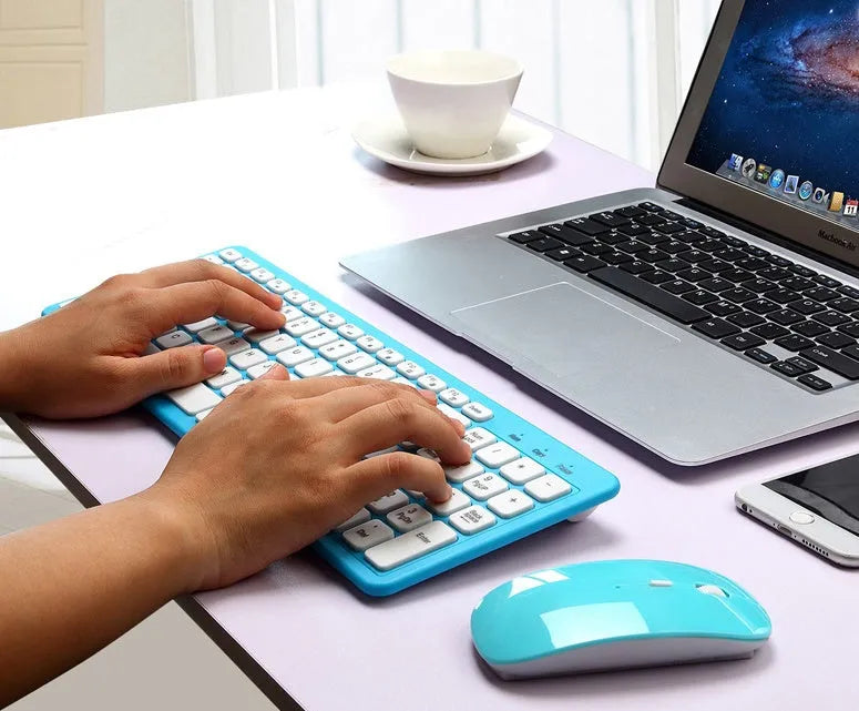 Wireless keyboard and mouse set in black, white, pink, or blue colour options