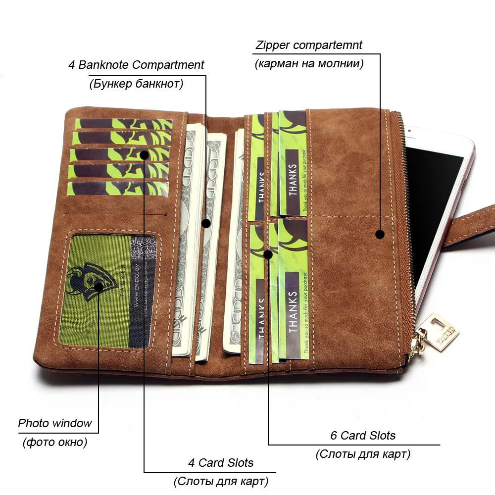 Women's vintage-style long wallet in matte PU leather with zip, shown open revealing card slots and coin purse.