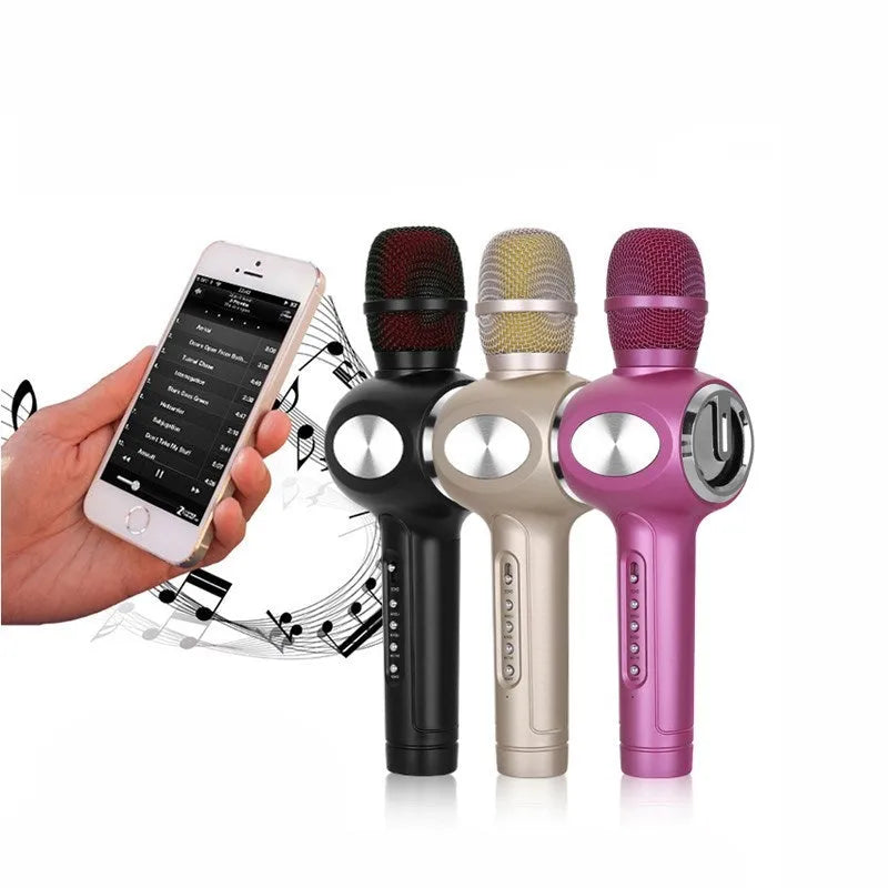 Yaerjia E108 black, gold, and pink mobile karaoke microphone with built-in speakers