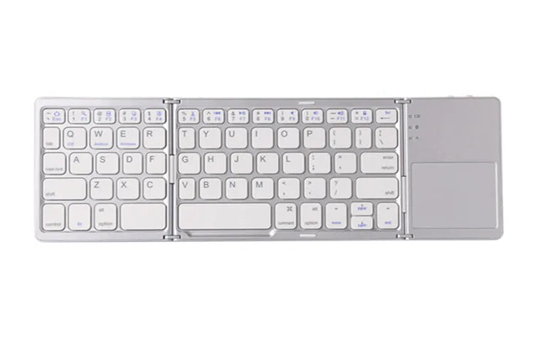 Tri-fold folding touch Bluetooth keyboard shown in black colour with touchpad, compatible with iPhone Android Microsoft devices