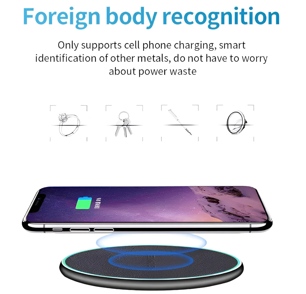 Black Qi wireless charging pad for iPhone 11 with non-slip surface and LED indicator