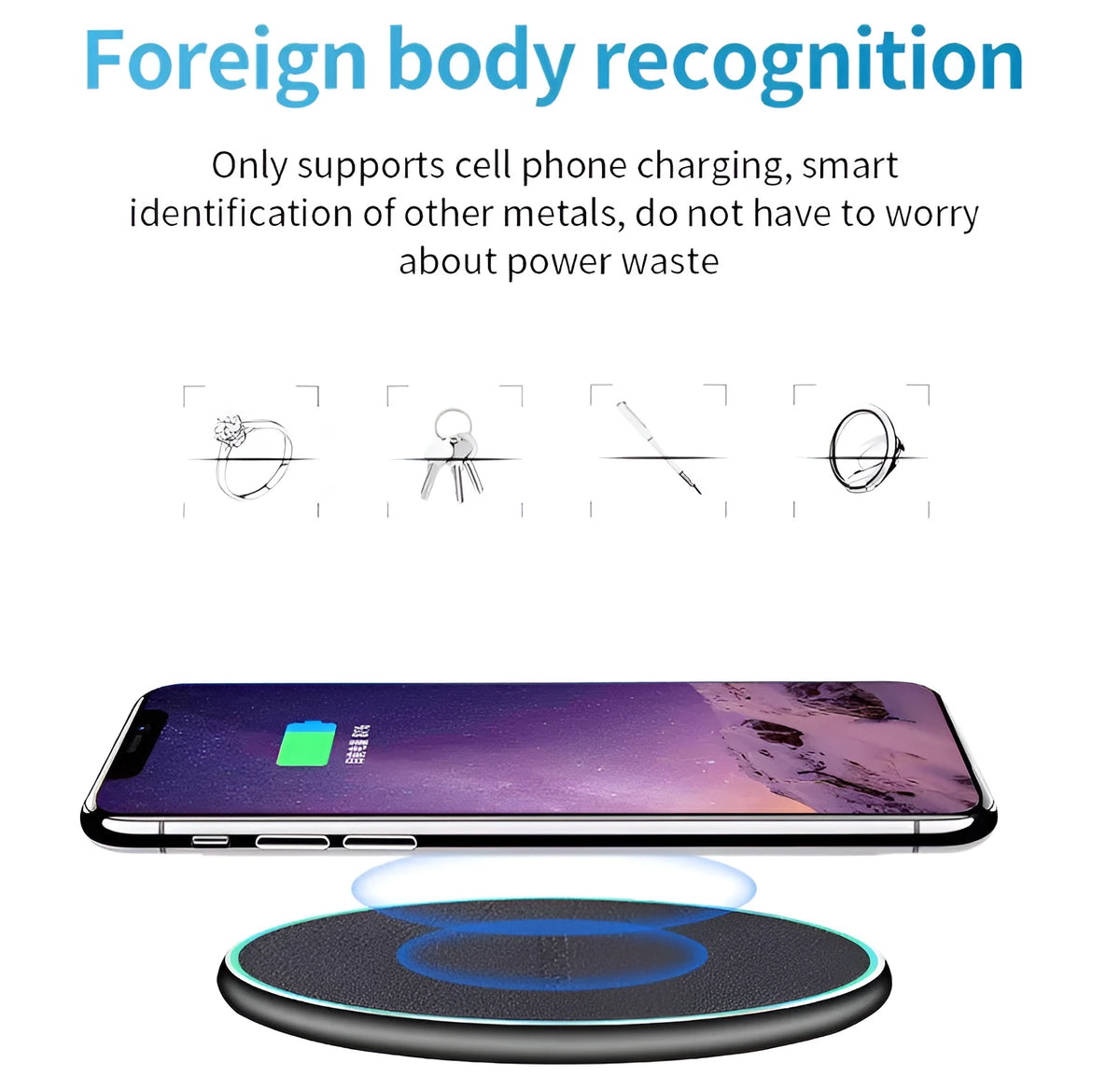 Black Qi wireless charging pad for iPhone 11 with non-slip surface and LED indicator
