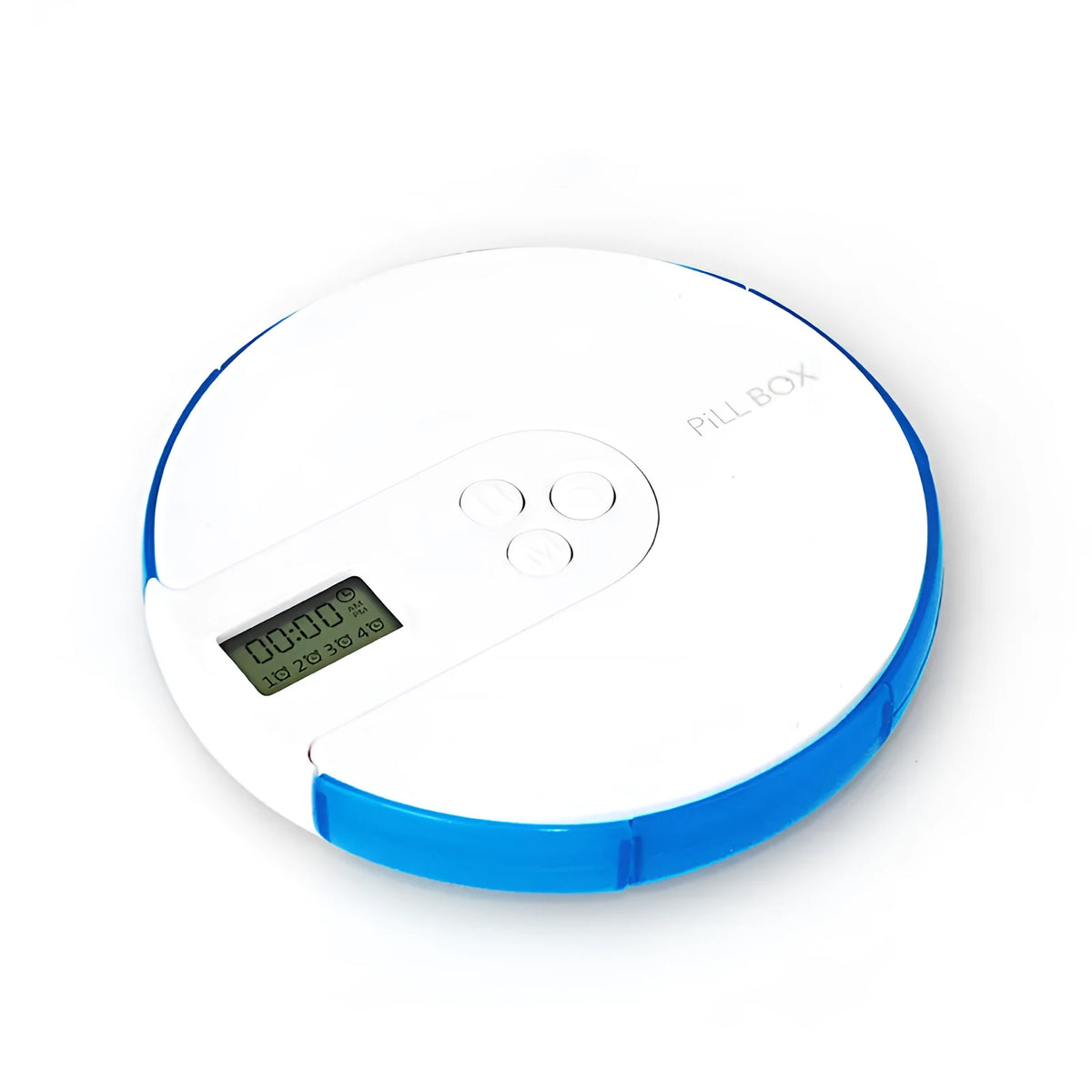 Blue 7-compartment electronic pill dispenser with alarm clock display, shown next to pills.