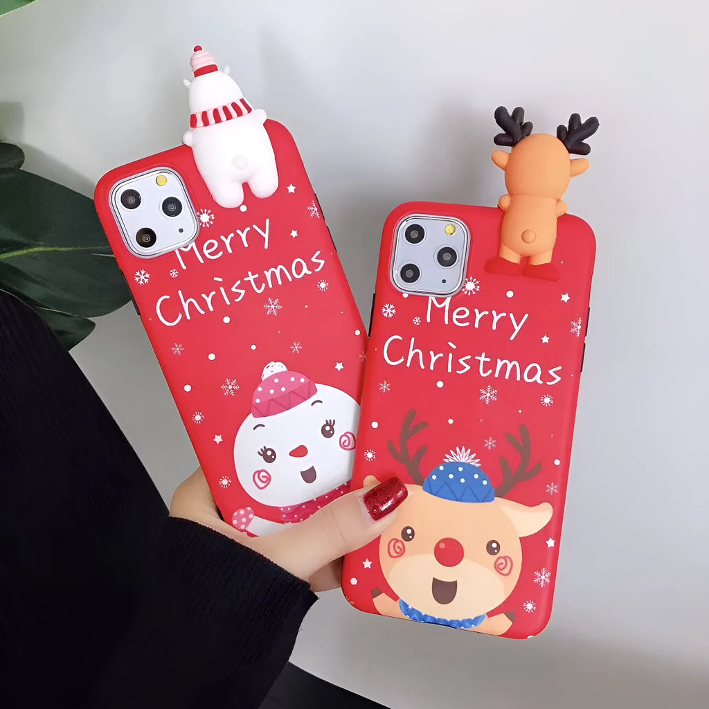 Christmas-themed red silicone back cover case for iPhone on a festive background