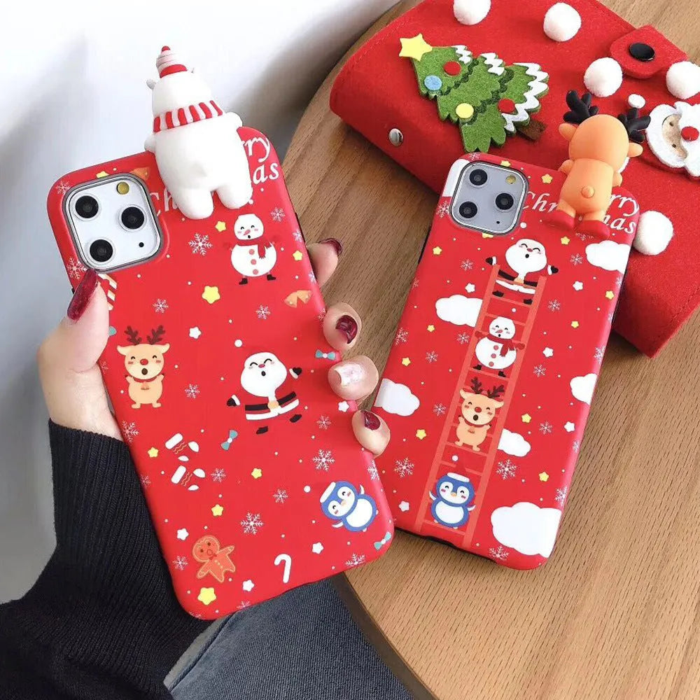 Christmas-themed red silicone back cover case for iPhone on a festive background