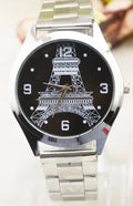 Eiffel Tower wrist watch with Paris skyline dial on a leather strap.
