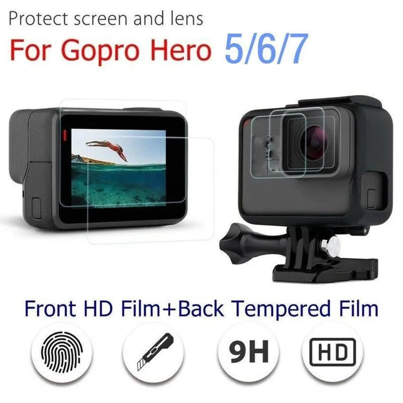 9H tempered glass protective film kit for GoPro Hero 5, 6, and 7 camera lens and LCD screen.