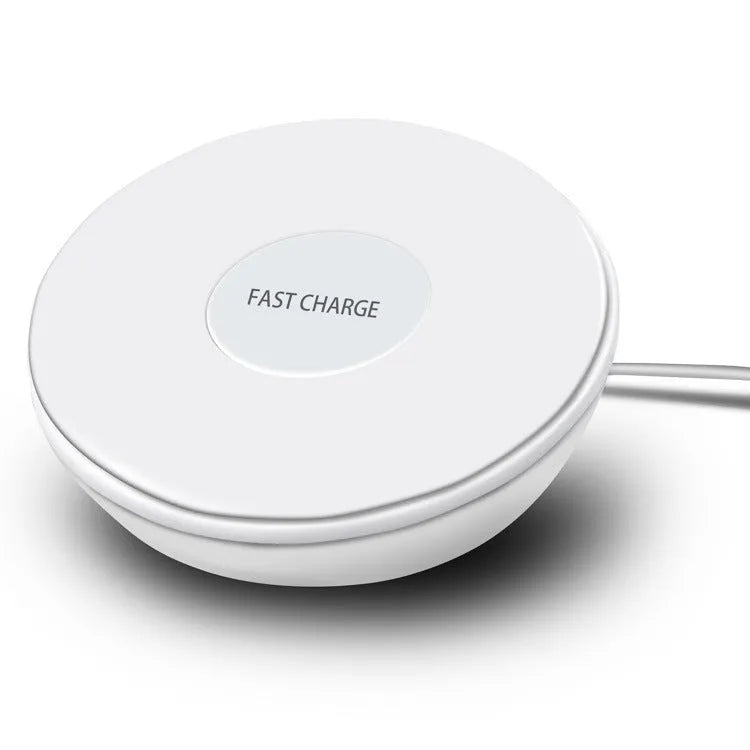 White 10W QI wireless phone charger with digital clock display and three control buttons.
