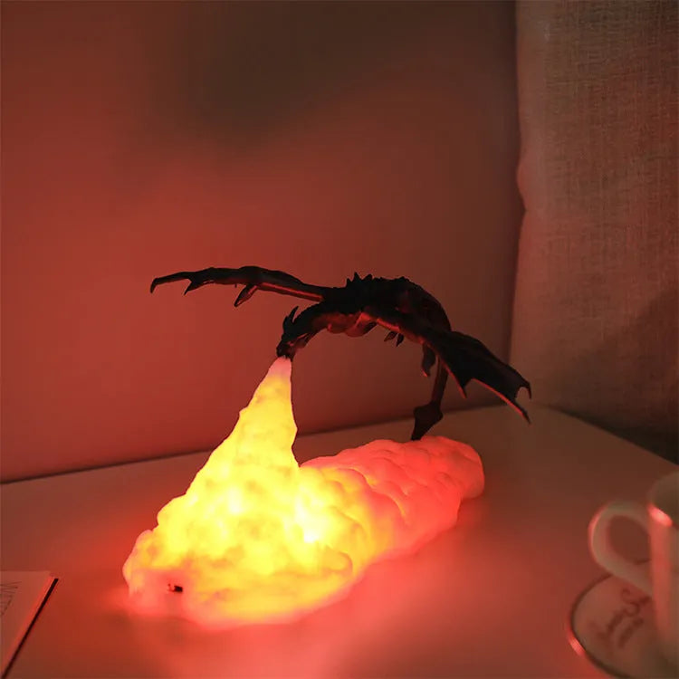 3D printed dragon night light with warm red breathing light effect on dark background
