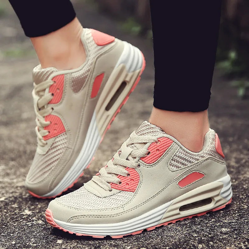 Women's casual low-heel shoes in beige orange, grey, and pink purple colours, showing soft fabric upper.