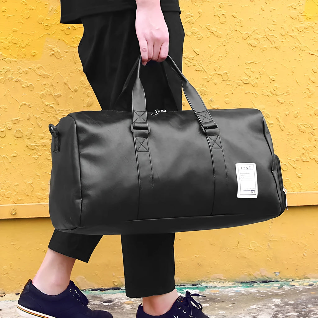 Black waterproof sports fitness bag with separate shoe compartments shown in two size options