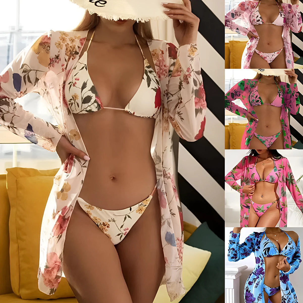 Women's floral print three-piece swimsuit set with mesh blouse cover-up in blue colour