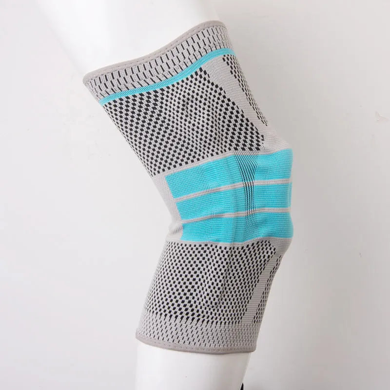 Sky blue silicone knee pads for sports with elastic fibre construction and multiple size options