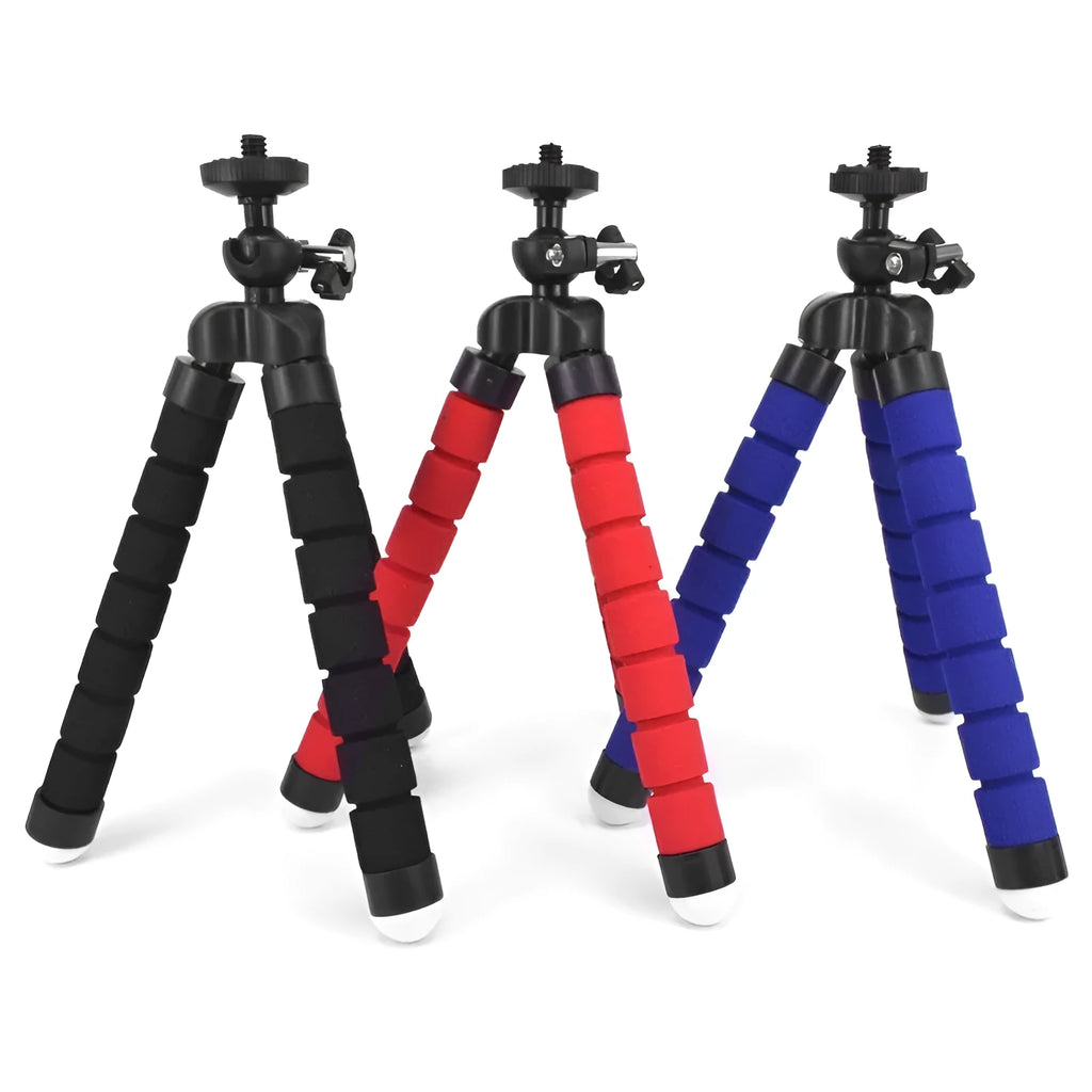 Black flexible octopus tripod with legs wrapped around a pole, holding a smartphone.